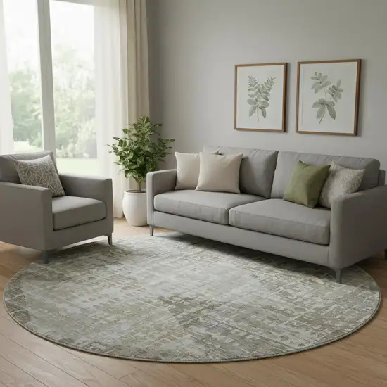 8' Pewter And Gray Geometric Washable Round Rug With UV Protection Photo 2