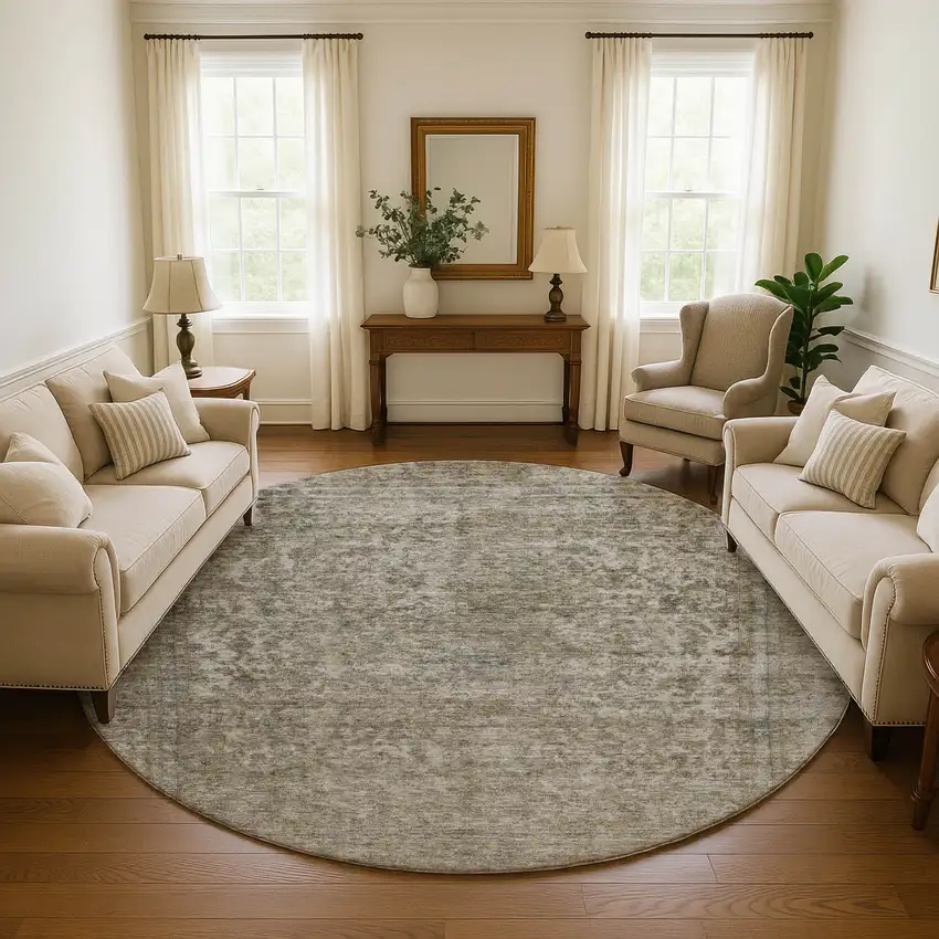 8' Pewter And Gray Oriental Washable Round Rug With UV Protection Photo 4