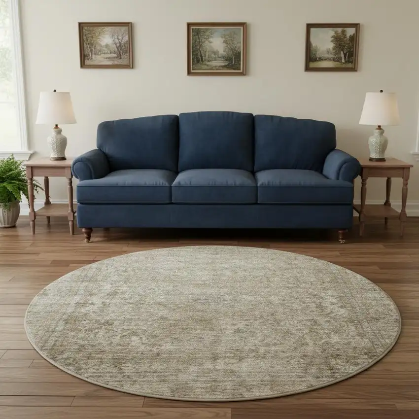 8' Pewter And Gray Oriental Washable Round Rug With UV Protection Photo 2