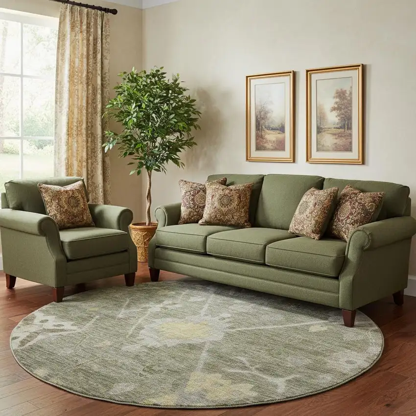 8' Pewter And Gray Oriental Washable Round Rug With UV Protection Photo 2