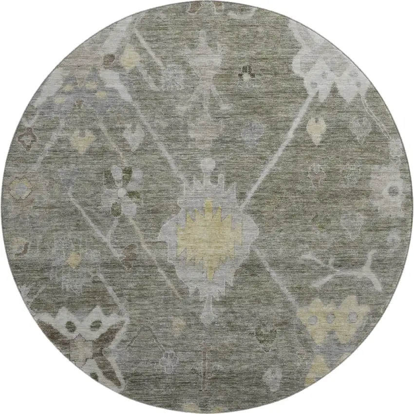 8' Pewter And Gray Oriental Washable Round Rug With UV Protection Photo 1