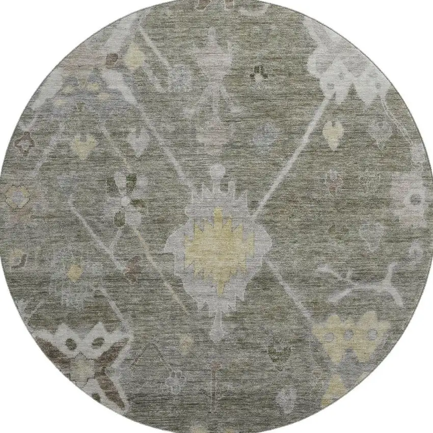 8' Pewter And Gray Oriental Washable Round Rug With UV Protection Photo 4
