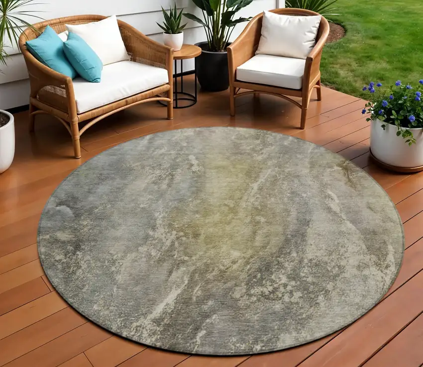 8' Pewter And Gray Round Abstract Washable Indoor Outdoor Area Rug Photo 1
