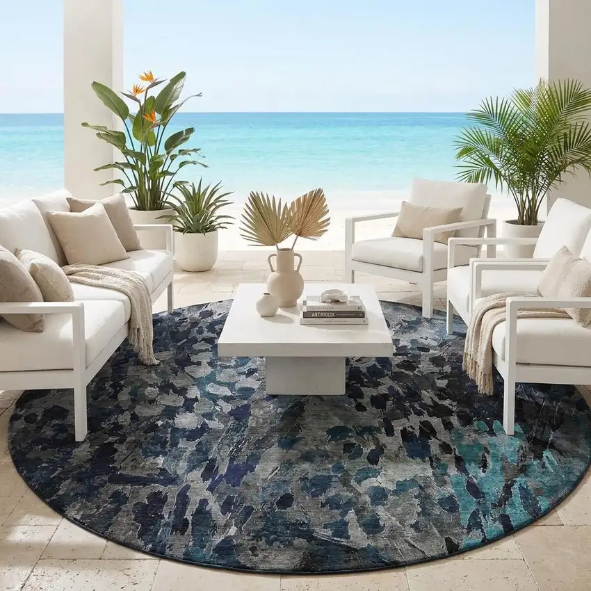 8' Pewter And Gray Round Abstract Washable Indoor Outdoor Area Rug Photo 1