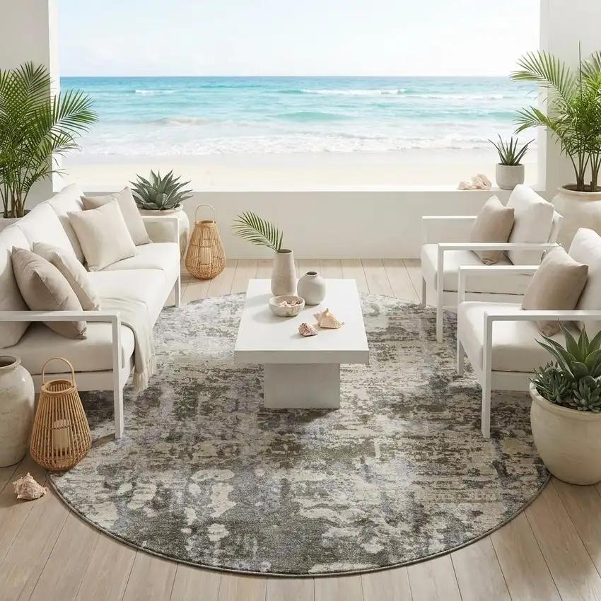 8' Pewter And Gray Round Abstract Washable Indoor Outdoor Area Rug Photo 1