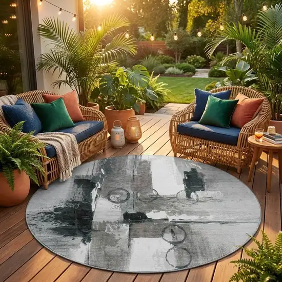 8' Pewter And Gray Round Abstract Washable Indoor Outdoor Area Rug Photo 1