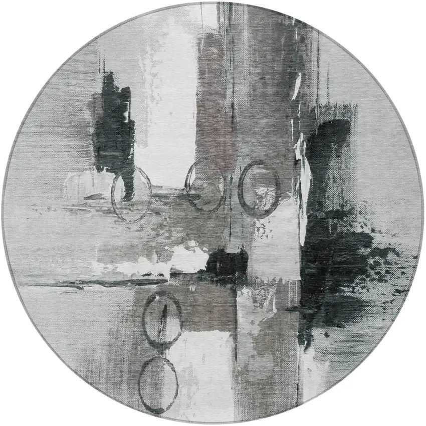 8' Pewter And Gray Round Abstract Washable Indoor Outdoor Area Rug Photo 4