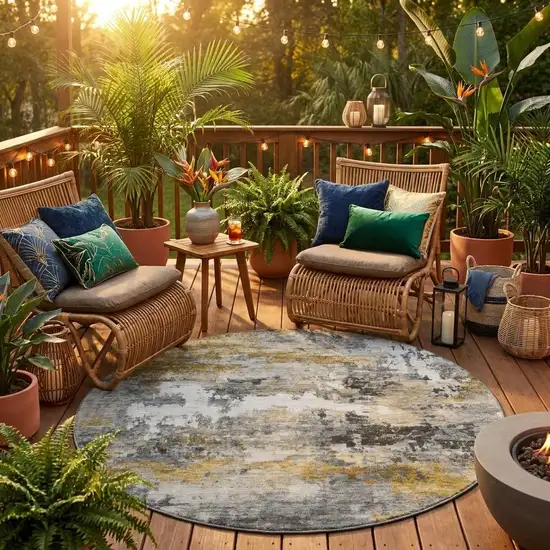 8' Pewter And Gray Round Abstract Washable Indoor Outdoor Area Rug Photo 1