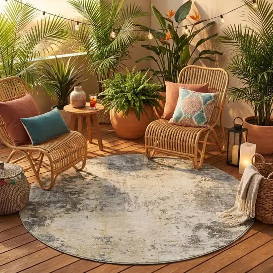 8' Pewter And Gray Round Abstract Washable Indoor Outdoor Area Rug Photo 1