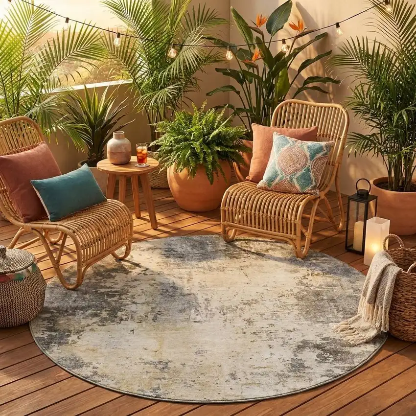8' Pewter And Gray Round Abstract Washable Indoor Outdoor Area Rug Photo 1