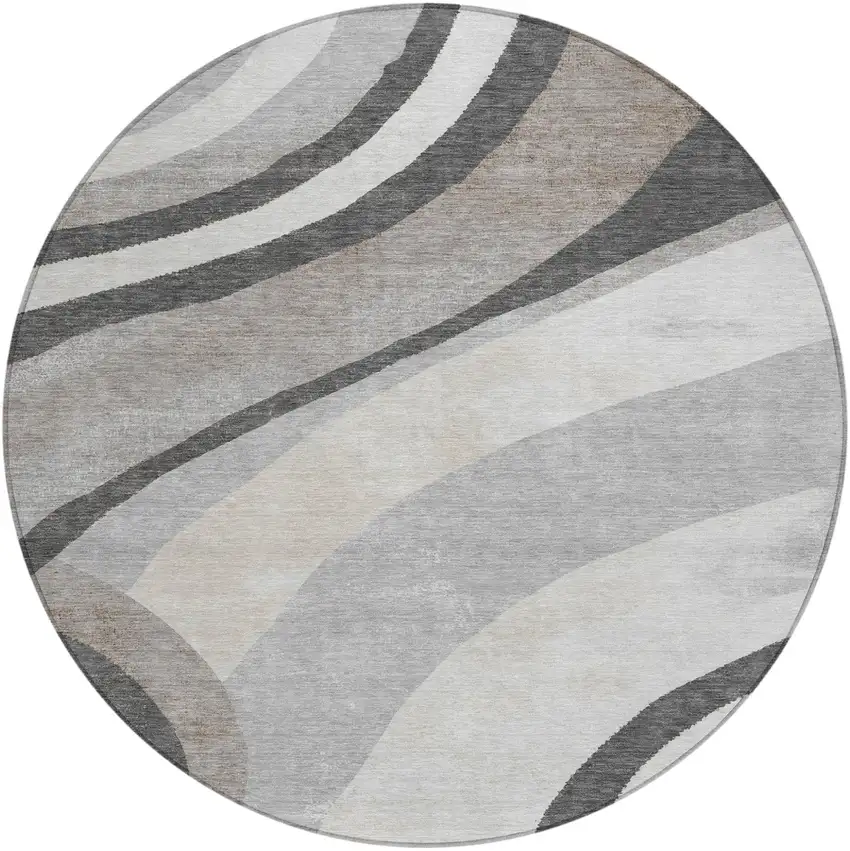 8' Pewter And Gray Round Abstract Washable Indoor Outdoor Area Rug Photo 4