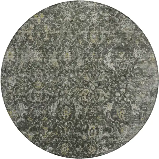 8' Pewter And Gray Round Damask Washable Indoor Outdoor Area Rug Photo 1