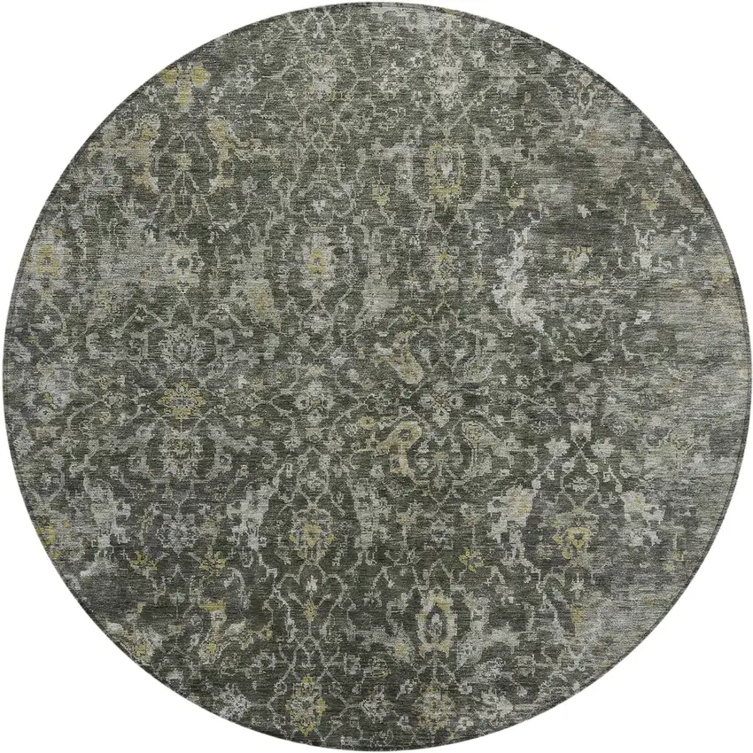8' Pewter And Gray Round Damask Washable Indoor Outdoor Area Rug Photo 1