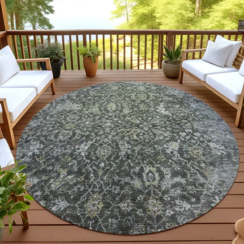8' Pewter And Gray Round Damask Washable Indoor Outdoor Area Rug Photo 4