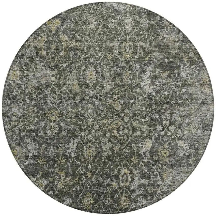 8' Pewter And Gray Round Damask Washable Indoor Outdoor Area Rug Photo 3