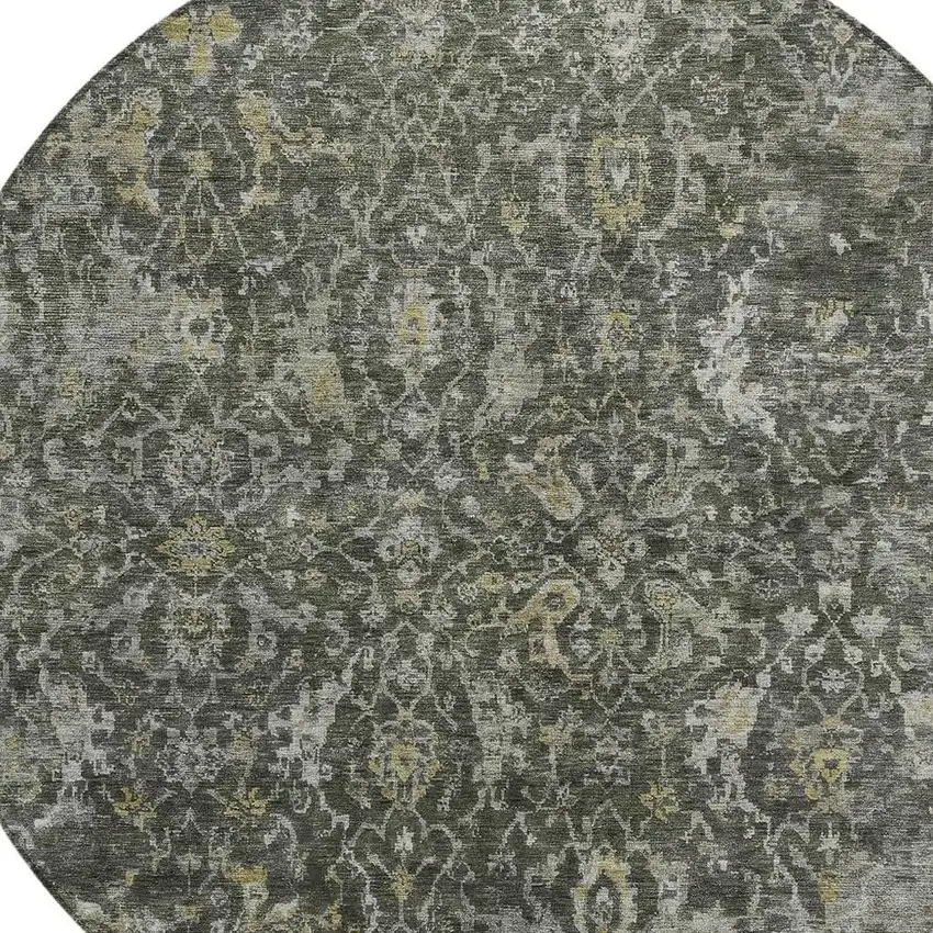 8' Pewter And Gray Round Damask Washable Indoor Outdoor Area Rug Photo 2