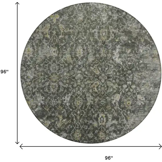 8' Pewter And Gray Round Damask Washable Indoor Outdoor Area Rug Photo 9