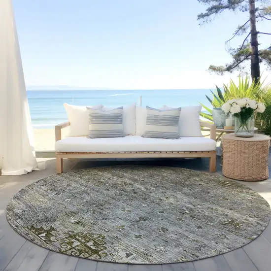 8' Pewter And Gray Round Floral Washable Indoor Outdoor Area Rug Photo 6