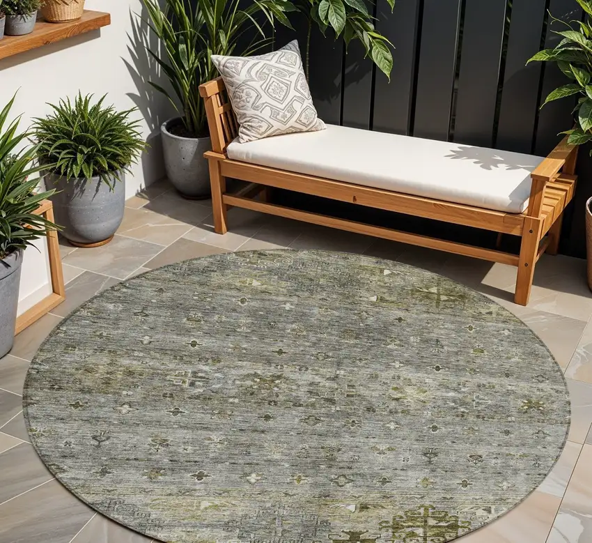 8' Pewter And Gray Round Floral Washable Indoor Outdoor Area Rug Photo 1
