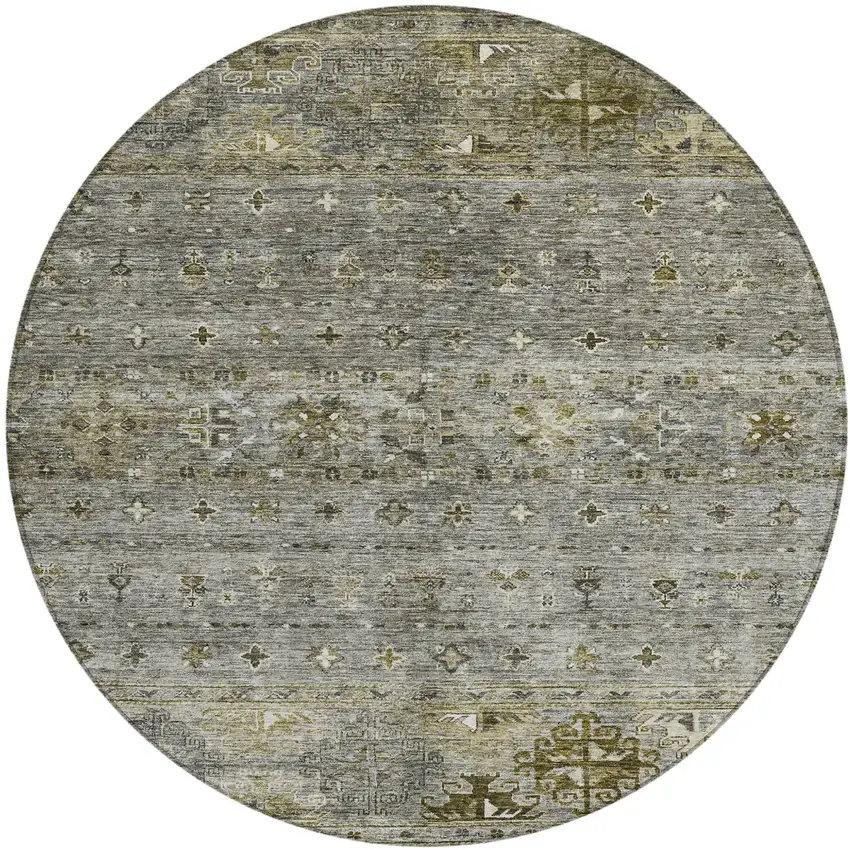8' Pewter And Gray Round Floral Washable Indoor Outdoor Area Rug Photo 2