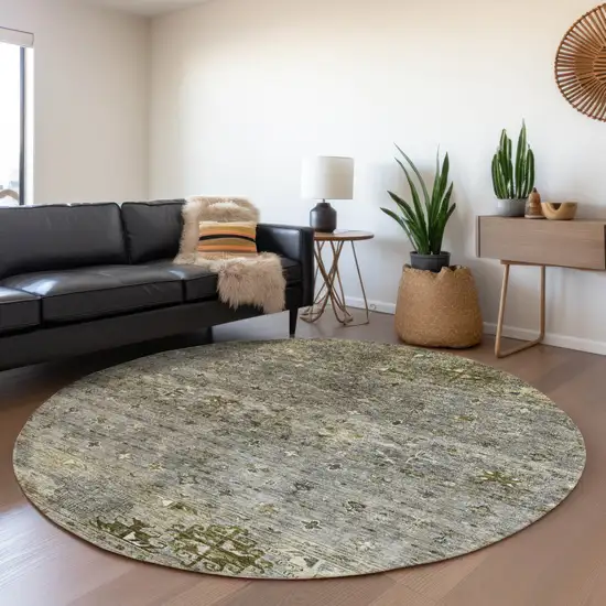 8' Pewter And Gray Round Floral Washable Indoor Outdoor Area Rug Photo 7