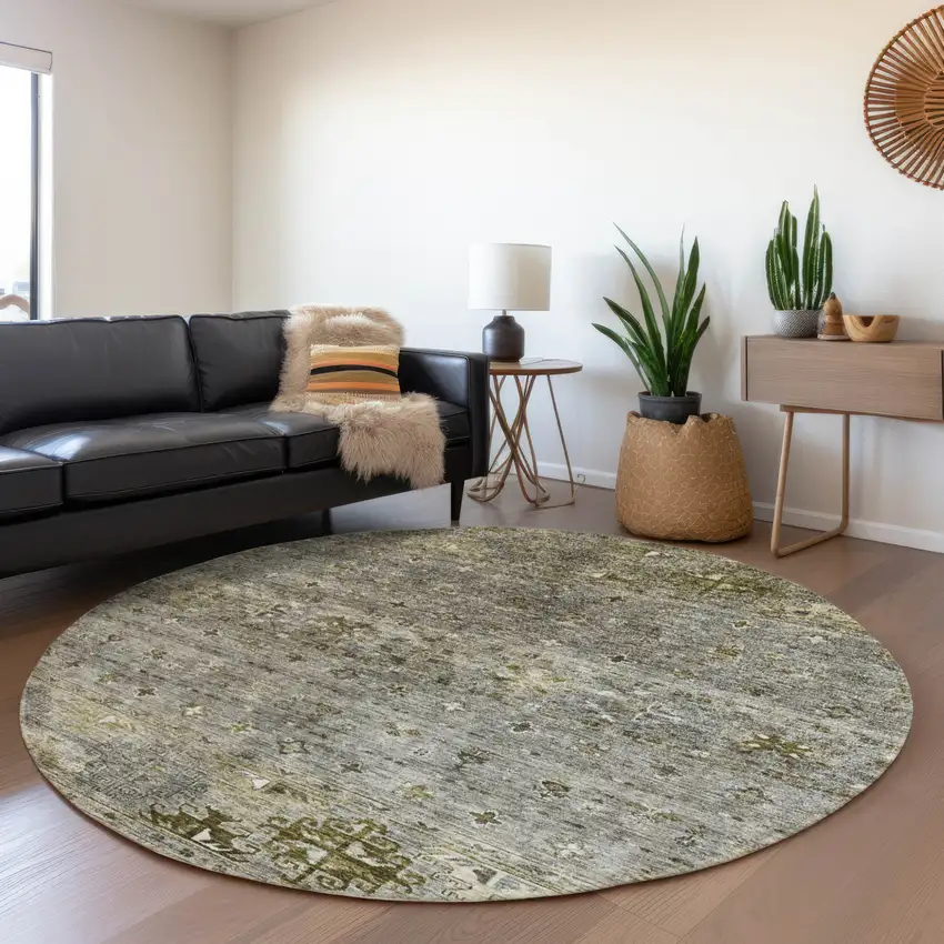 8' Pewter And Gray Round Floral Washable Indoor Outdoor Area Rug Photo 7