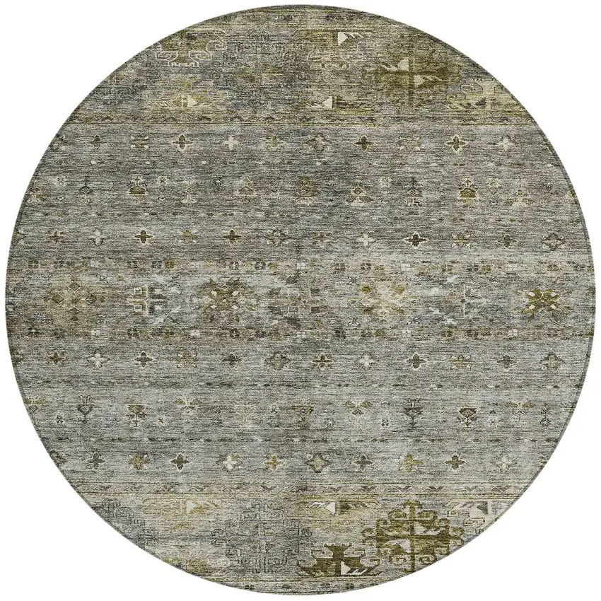 8' Pewter And Gray Round Floral Washable Indoor Outdoor Area Rug Photo 5