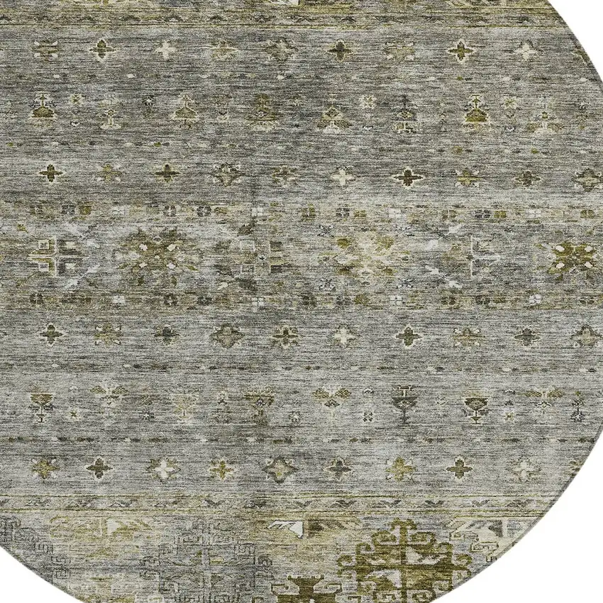 8' Pewter And Gray Round Floral Washable Indoor Outdoor Area Rug Photo 4