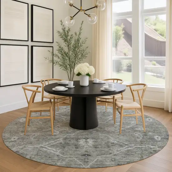 8' Pewter And Gray Round Floral Washable Indoor Outdoor Area Rug Photo 8