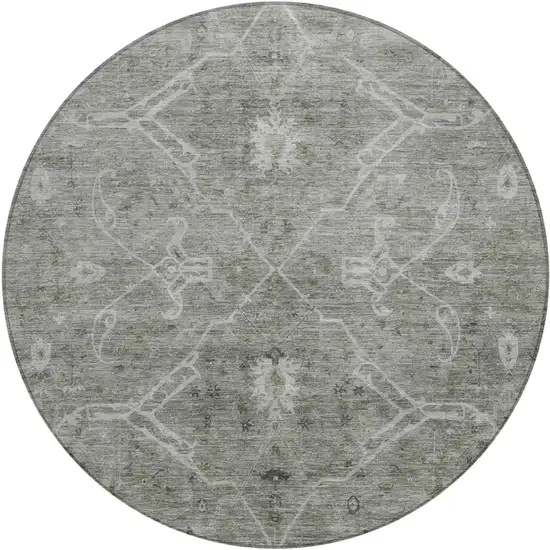 8' Pewter And Gray Round Floral Washable Indoor Outdoor Area Rug Photo 2