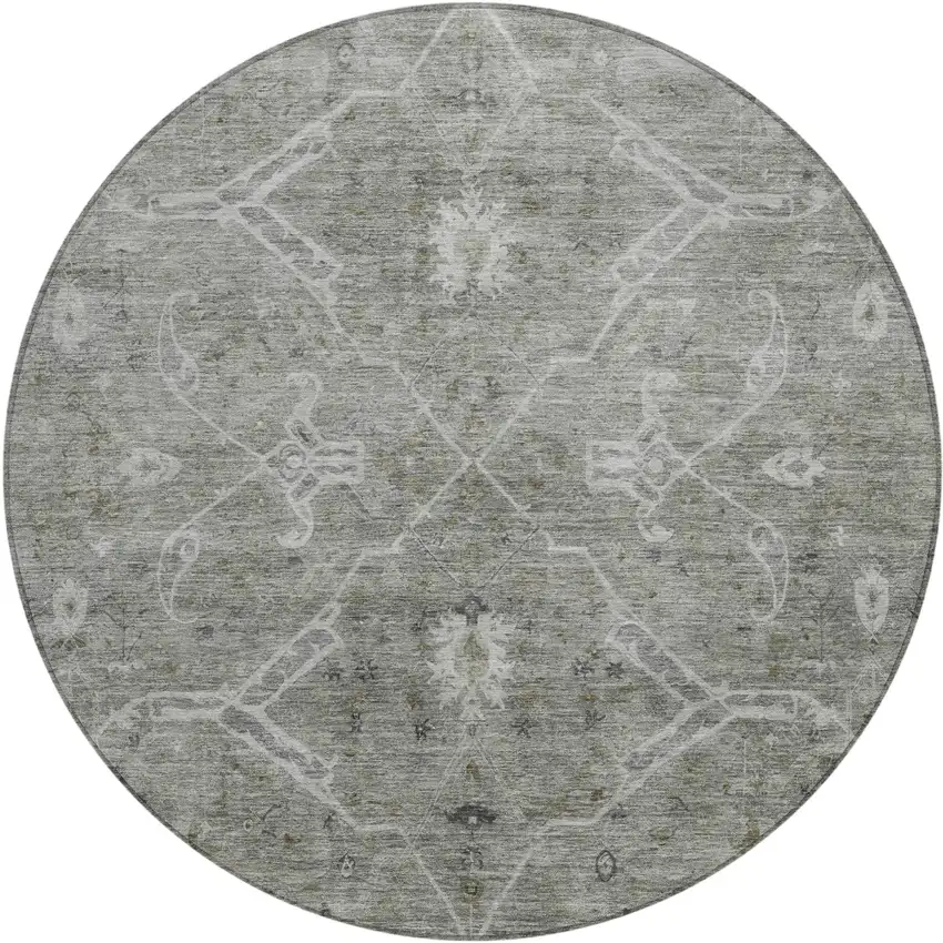 8' Pewter And Gray Round Floral Washable Indoor Outdoor Area Rug Photo 2