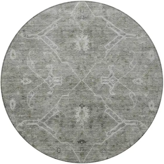 8' Pewter And Gray Round Floral Washable Indoor Outdoor Area Rug Photo 4
