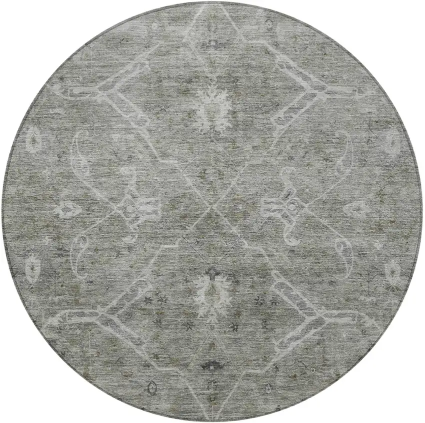 8' Pewter And Gray Round Floral Washable Indoor Outdoor Area Rug Photo 4