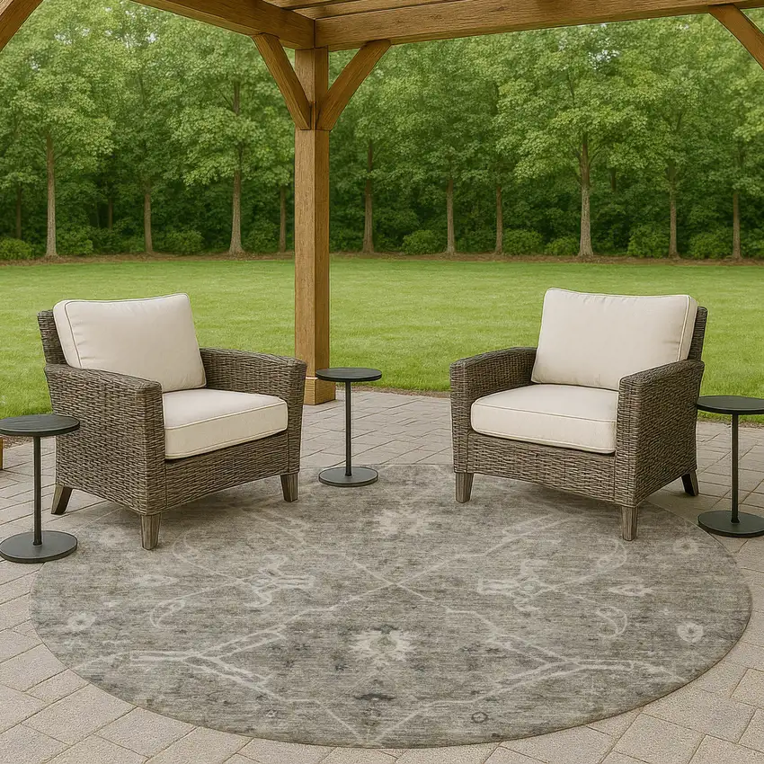 8' Pewter And Gray Round Floral Washable Indoor Outdoor Area Rug Photo 7