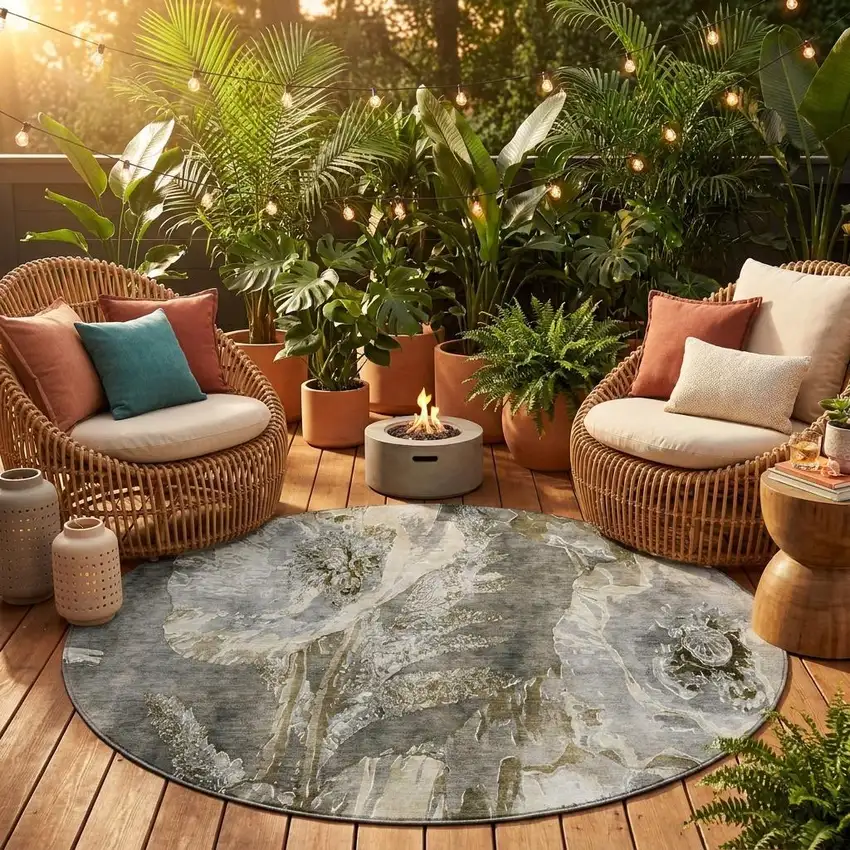 8' Pewter And Gray Round Floral Washable Indoor Outdoor Area Rug Photo 1