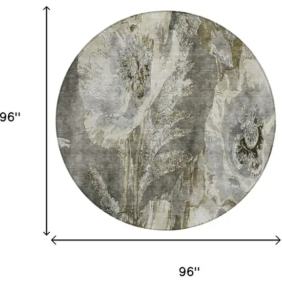 8' Pewter And Gray Round Floral Washable Indoor Outdoor Area Rug Photo 5