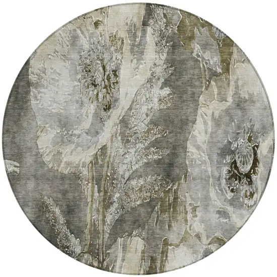 8' Pewter And Gray Round Floral Washable Indoor Outdoor Area Rug Photo 2