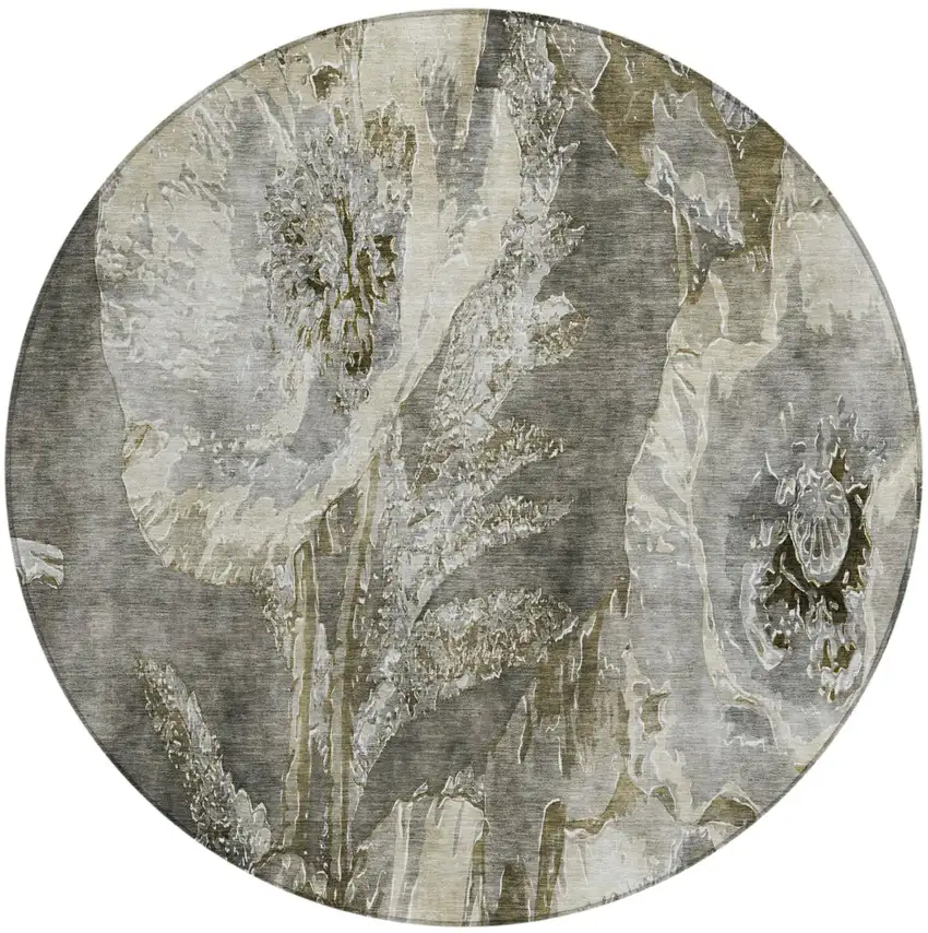 8' Pewter And Gray Round Floral Washable Indoor Outdoor Area Rug Photo 2