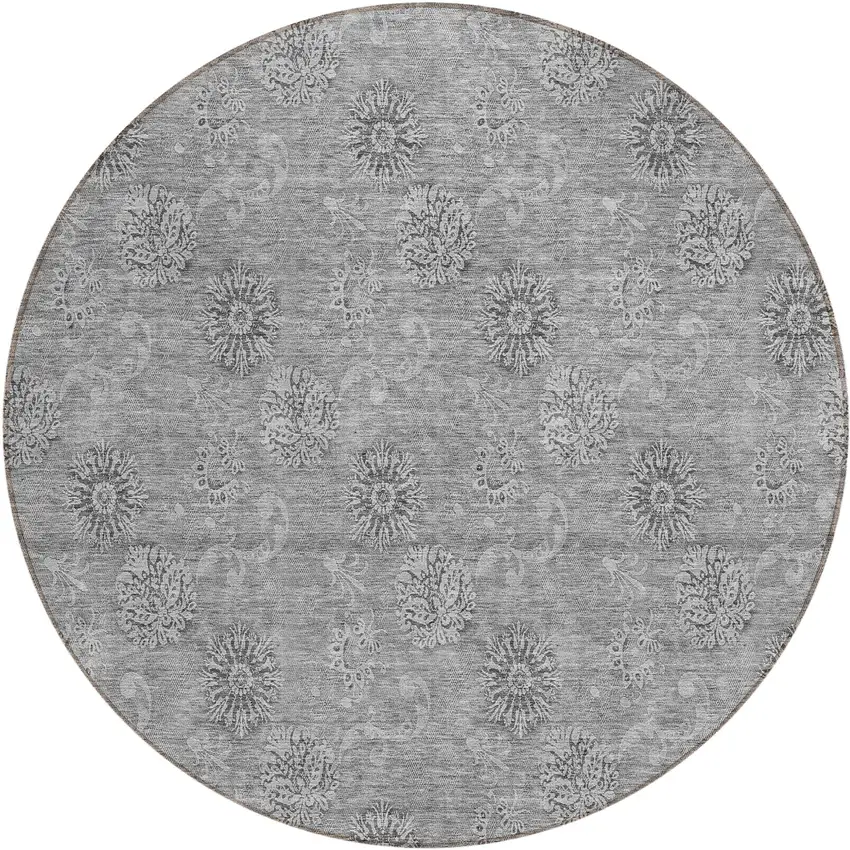 8' Pewter And Gray Round Floral Washable Indoor Outdoor Area Rug Photo 2