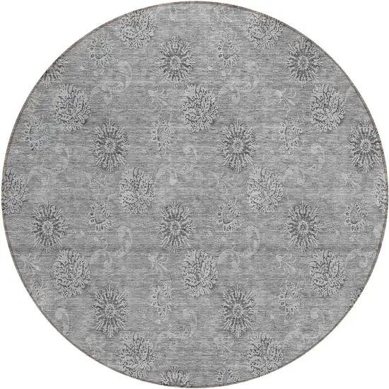 8' Pewter And Gray Round Floral Washable Indoor Outdoor Area Rug Photo 2