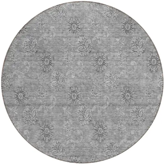8' Pewter And Gray Round Floral Washable Indoor Outdoor Area Rug Photo 2