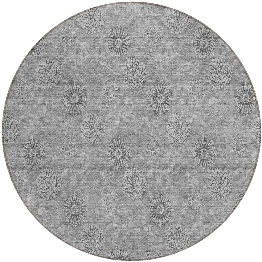 8' Pewter And Gray Round Floral Washable Indoor Outdoor Area Rug Photo 2
