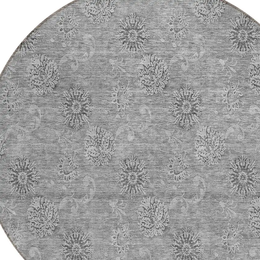 8' Pewter And Gray Round Floral Washable Indoor Outdoor Area Rug Photo 6