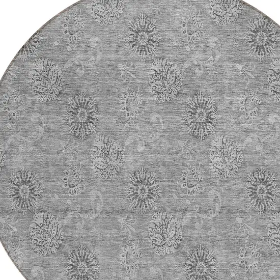 8' Pewter And Gray Round Floral Washable Indoor Outdoor Area Rug Photo 6