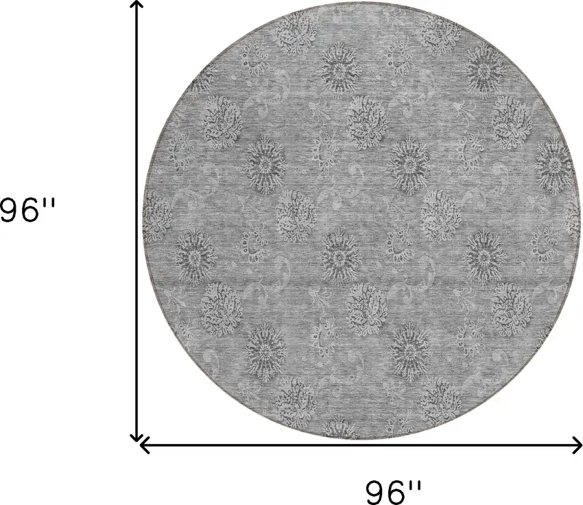 8' Pewter And Gray Round Floral Washable Indoor Outdoor Area Rug Photo 3