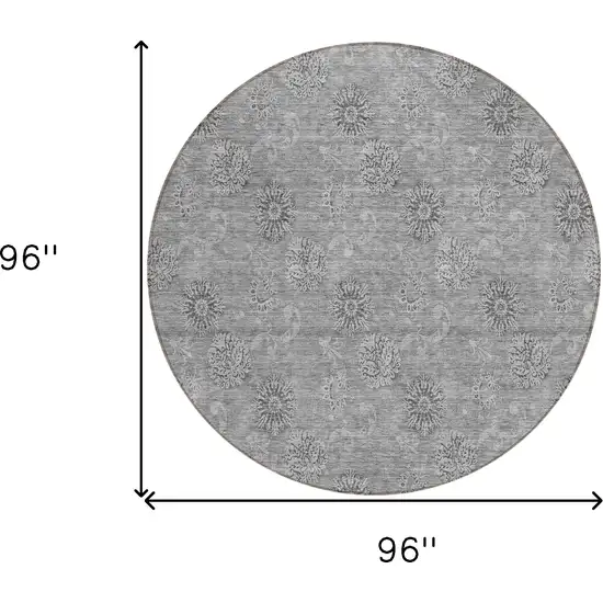 8' Pewter And Gray Round Floral Washable Indoor Outdoor Area Rug Photo 3