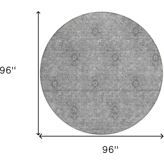 8' Pewter And Gray Round Floral Washable Indoor Outdoor Area Rug Photo 3