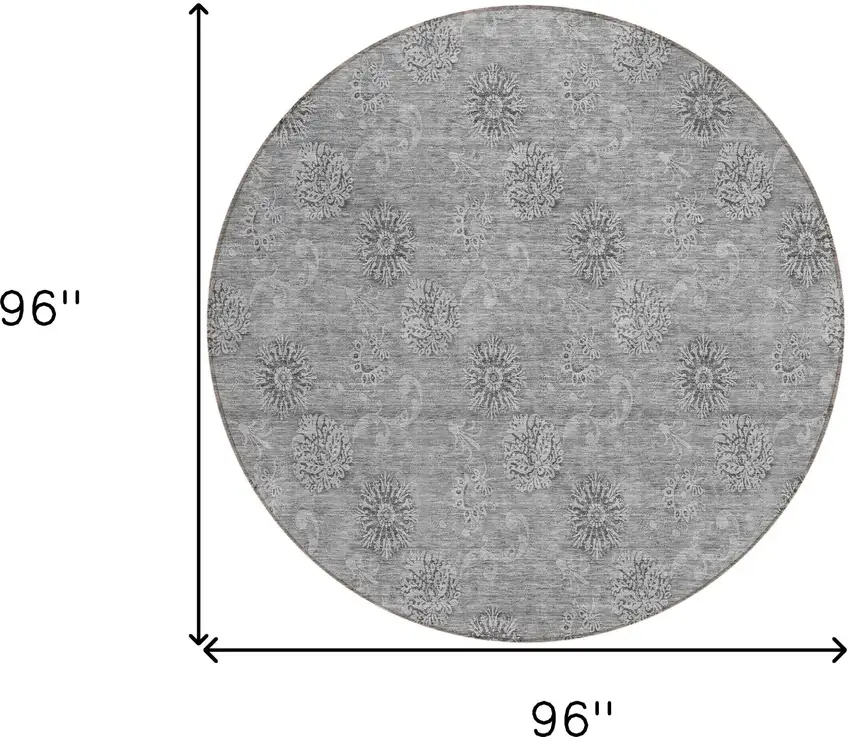 8' Pewter And Gray Round Floral Washable Indoor Outdoor Area Rug Photo 3
