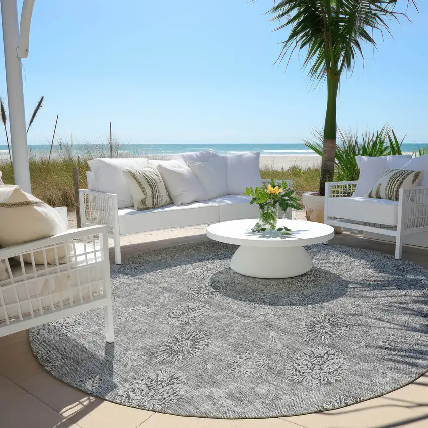 8' Pewter And Gray Round Floral Washable Indoor Outdoor Area Rug Photo 8