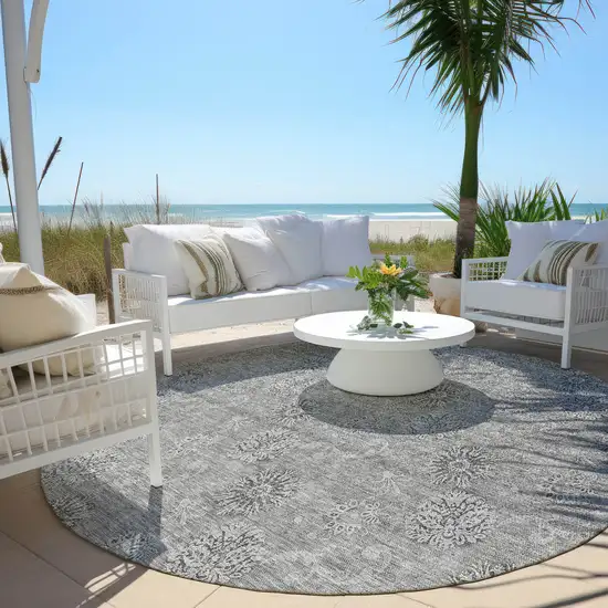 8' Pewter And Gray Round Floral Washable Indoor Outdoor Area Rug Photo 8